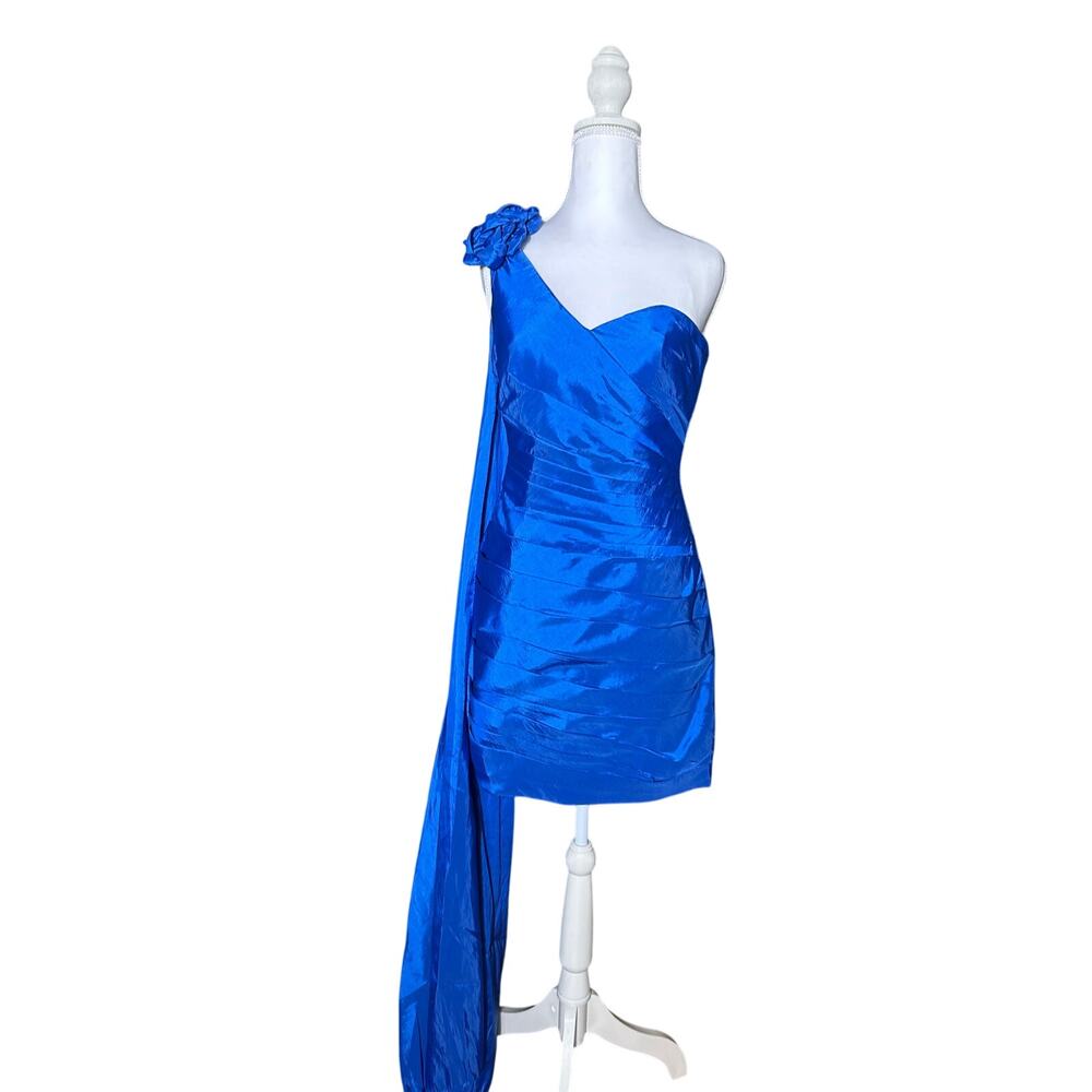 Anny Lee Royal Blue One Shoulder Scarf Fitted Ruched Small Holiday Party Dress